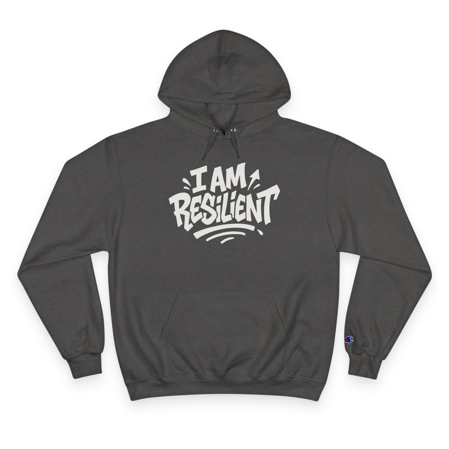 Gray hoodie with 'I AM RESILIENT' text on a white background