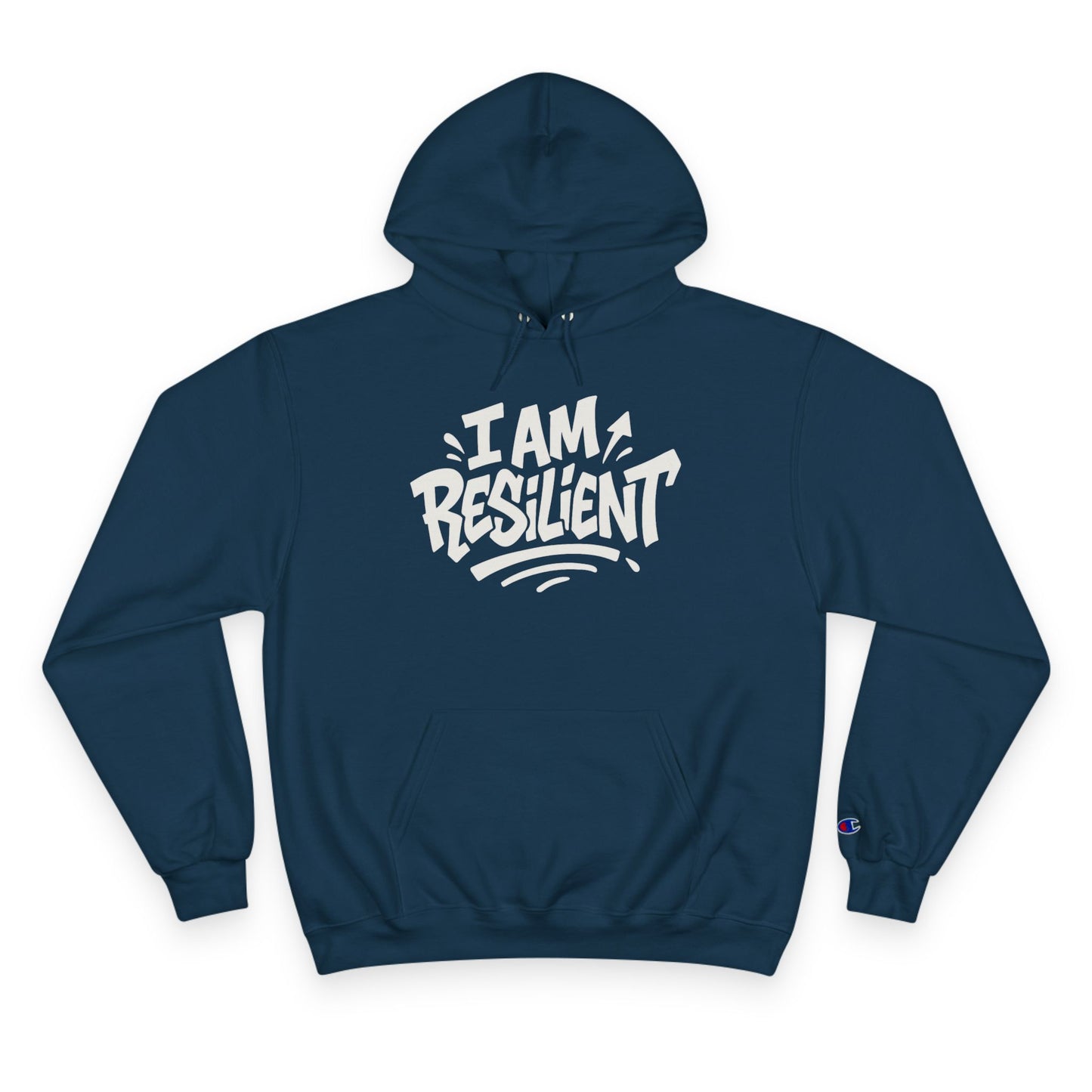 Navy blue hoodie with 'I AM RESILIENT' text on a white background