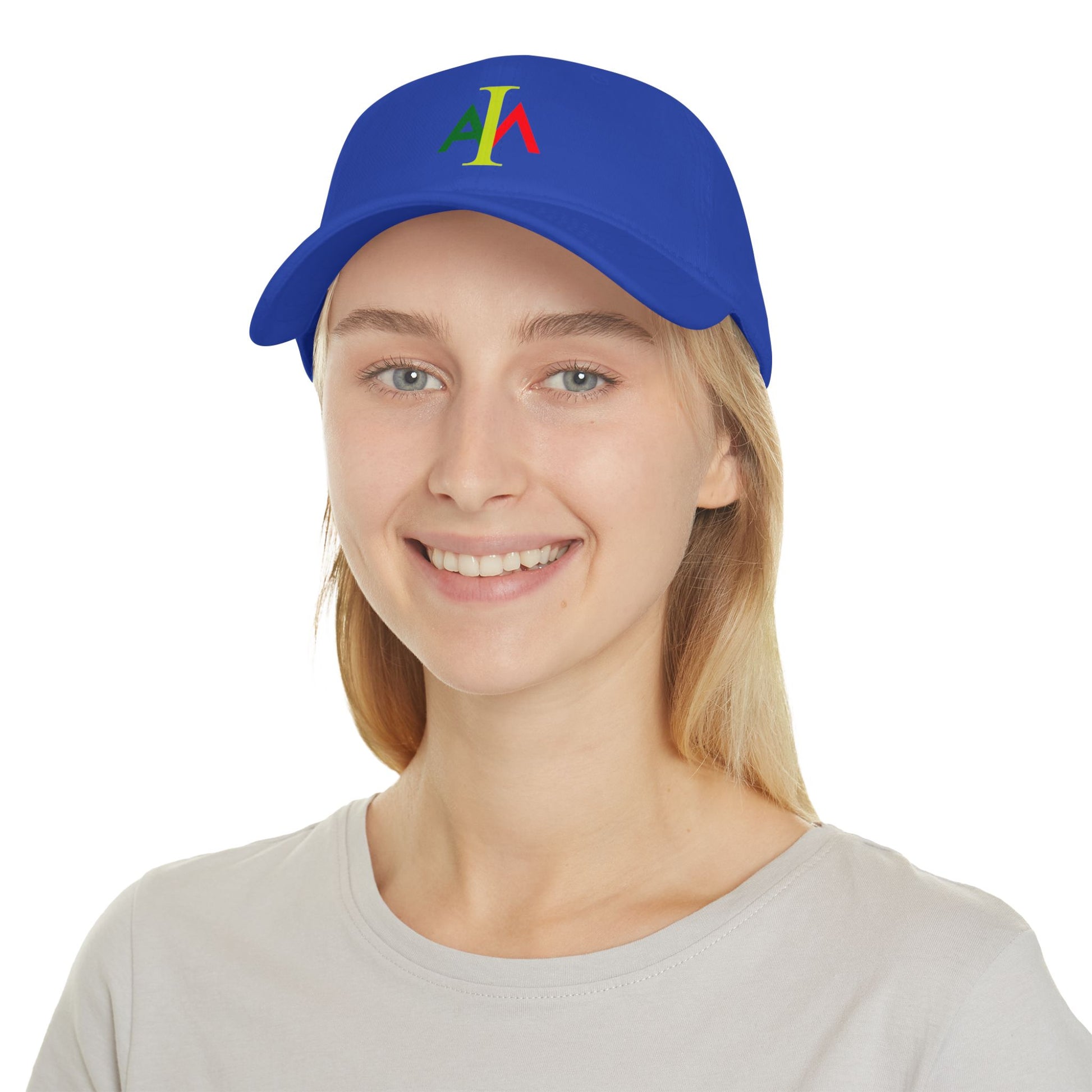 Person wearing a blue cap with colorful logo on a white background