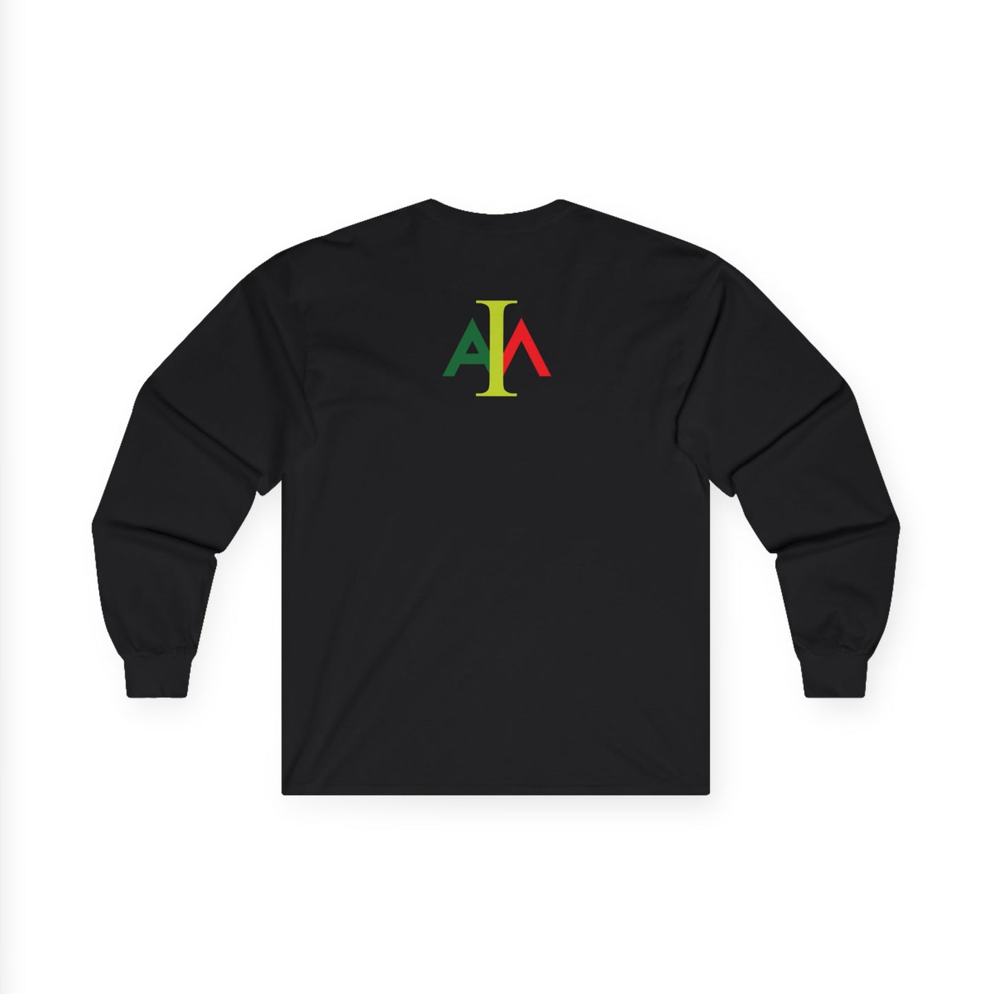 Black long-sleeve shirt with colorful logo on the back against a white background