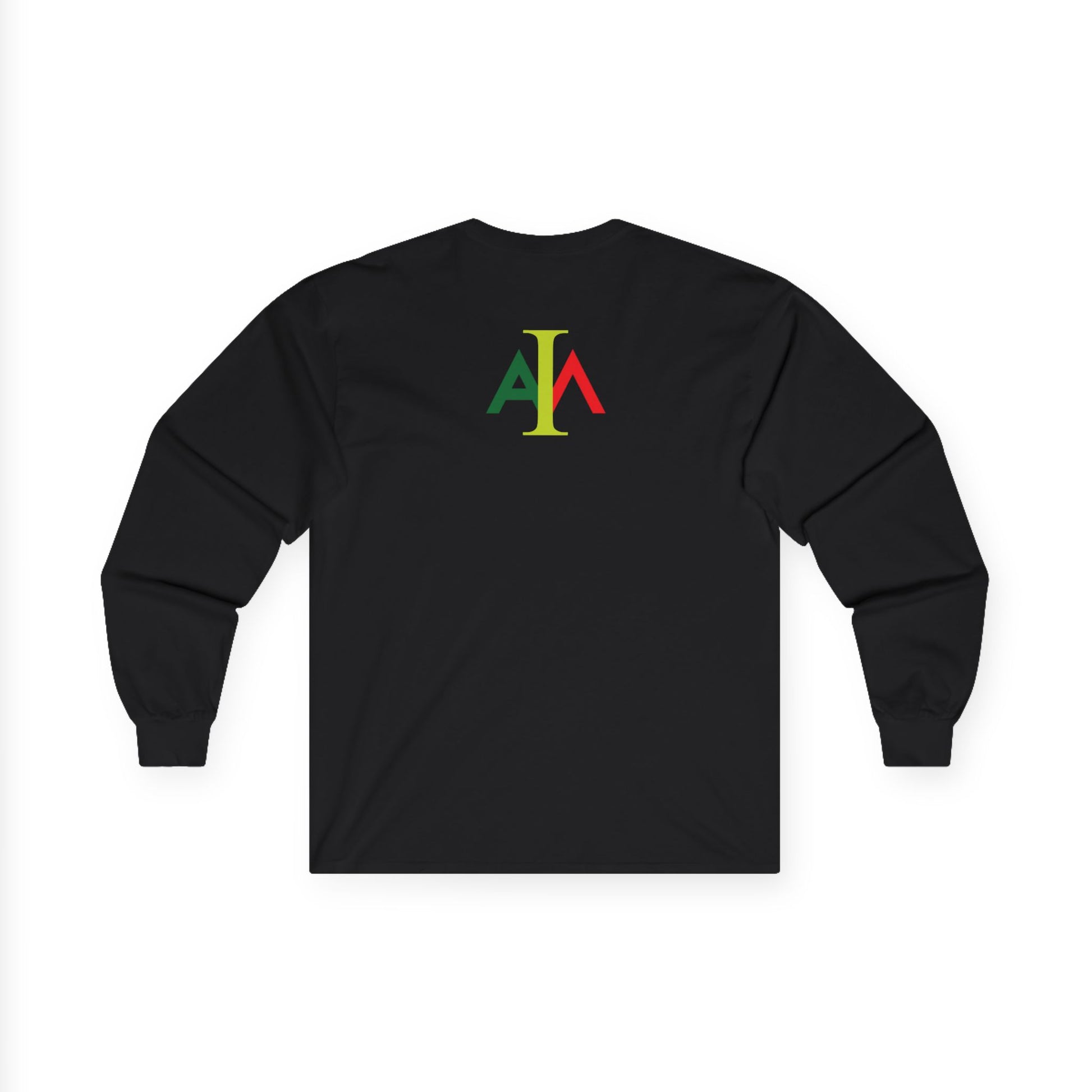 Black long-sleeve shirt with colorful logo on the back against a white background