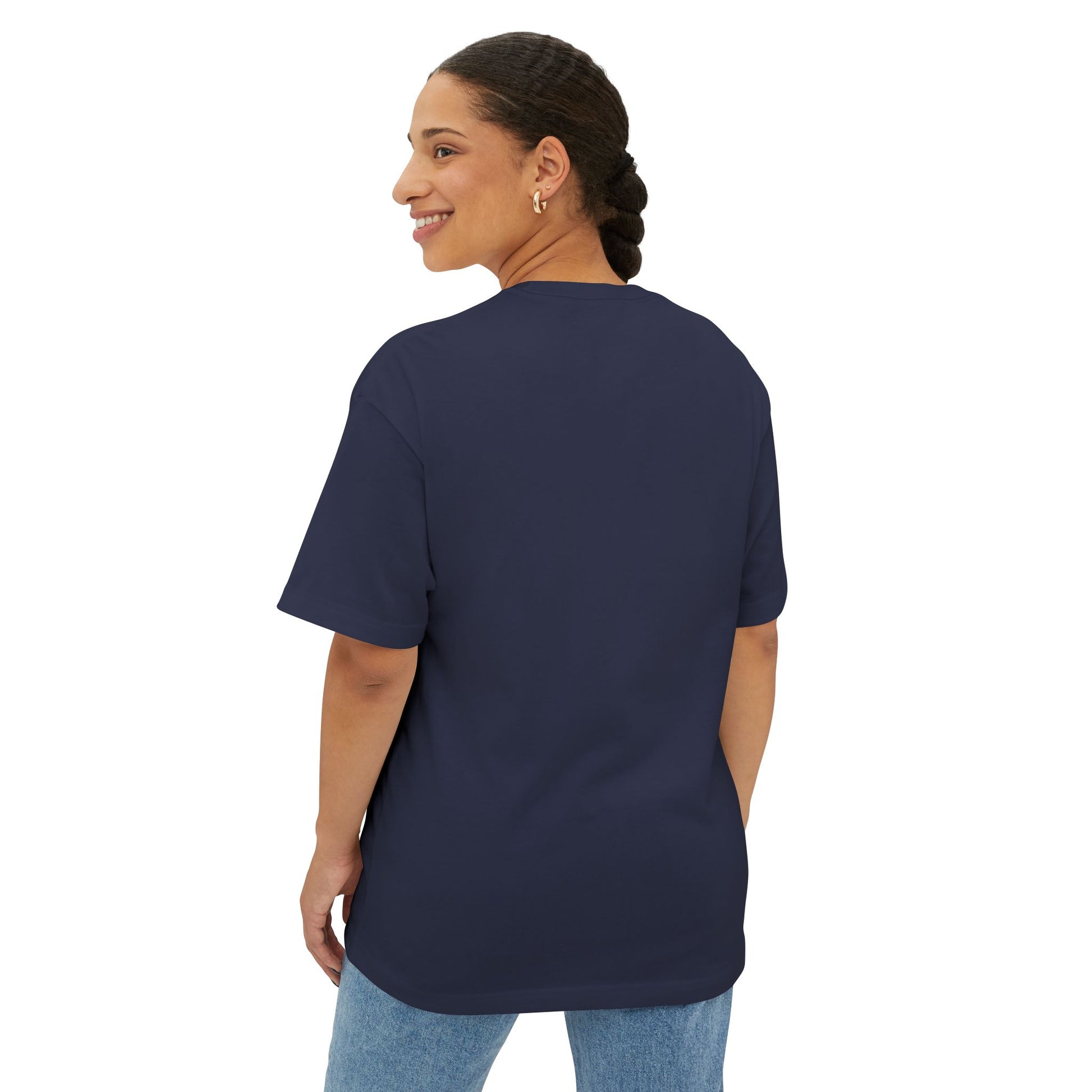 Woman wearing a navy blue t-shirt on a white background