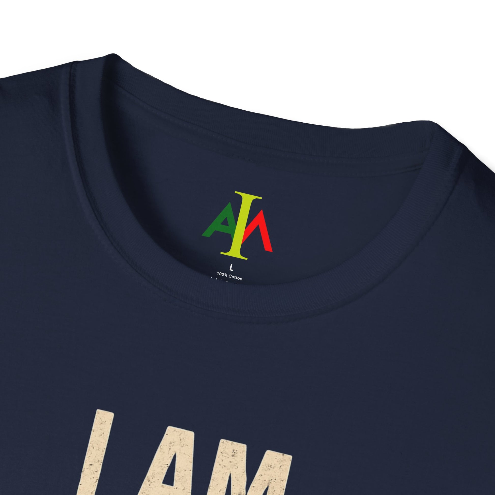 Navy blue t-shirt with colorful logo on the collar and partially visible text 'I AM' below.