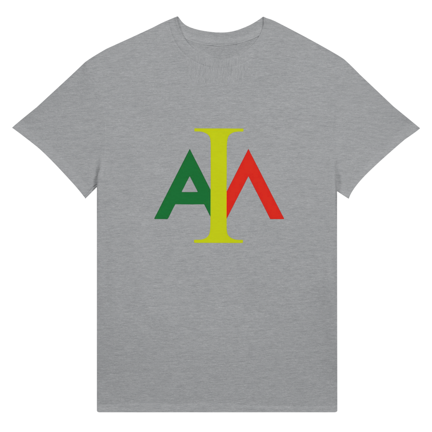 Gray t-shirt with colorful logo on a white background