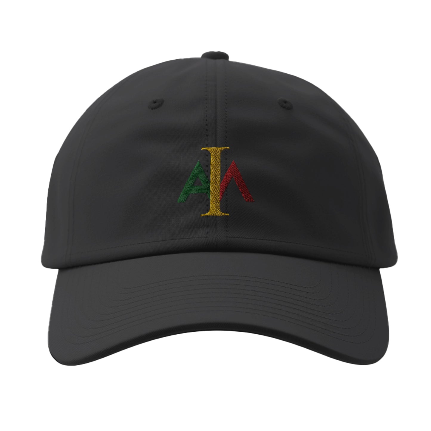 Black cap with embroidered logo on a white background