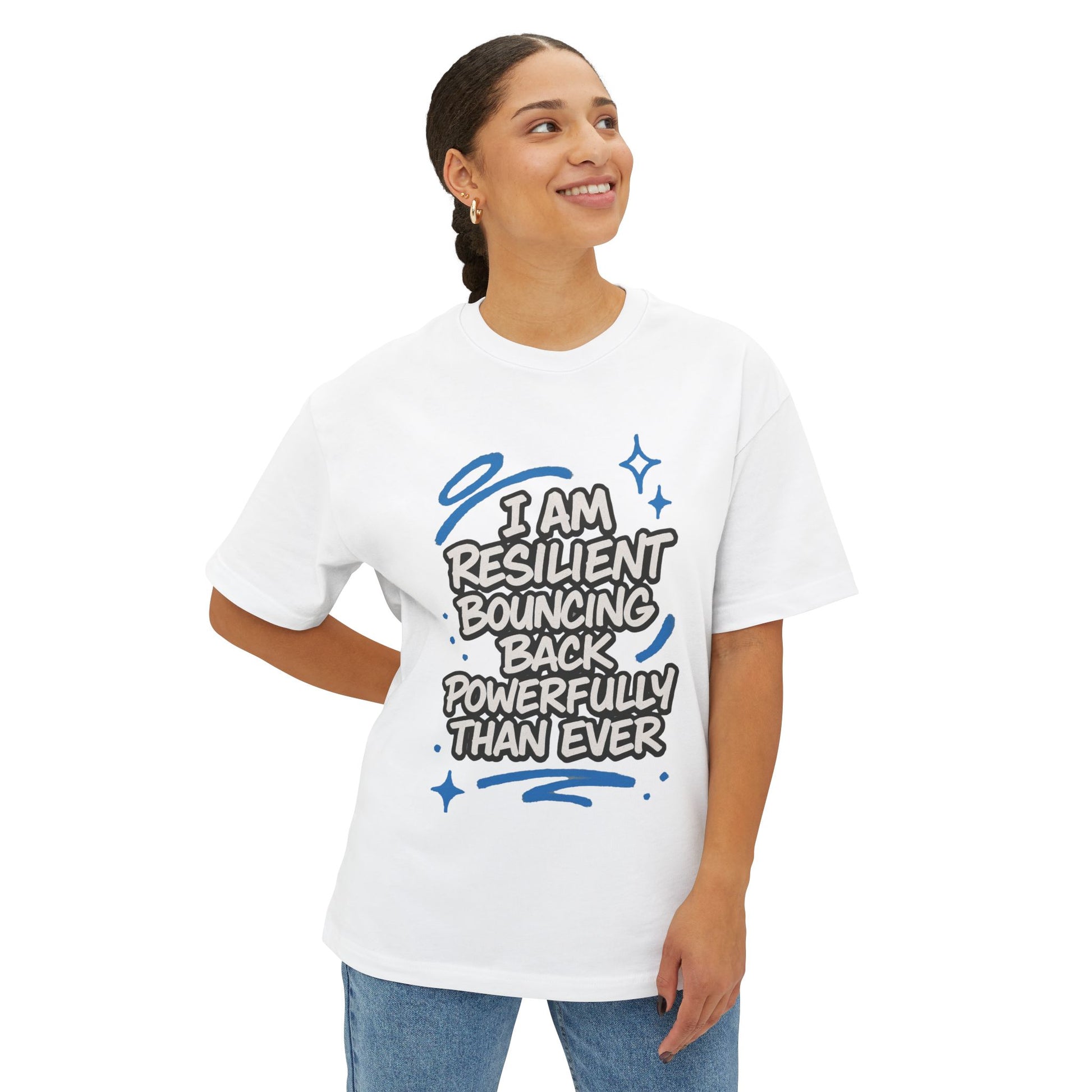 Person wearing a white t-shirt with motivational text design on a white background