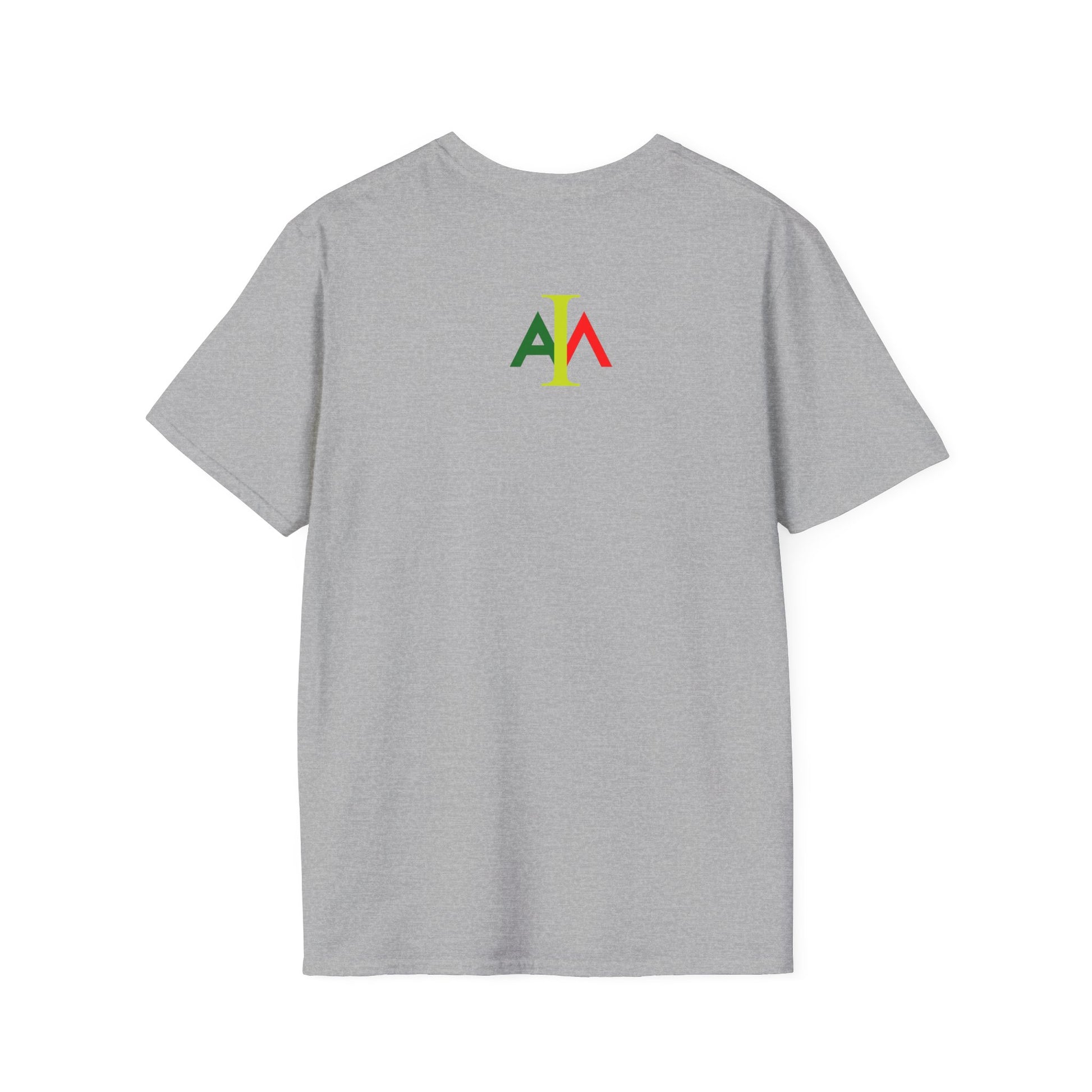 Gray t-shirt with a colorful logo on the back against a white background