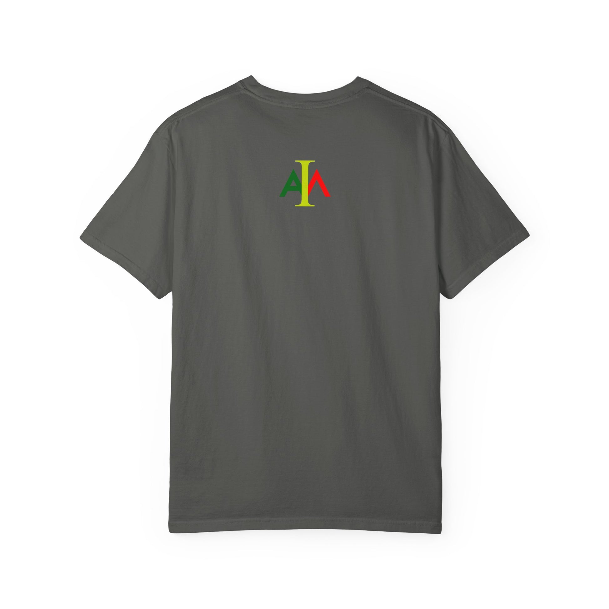 Gray t-shirt with a colorful logo on the back against a white background