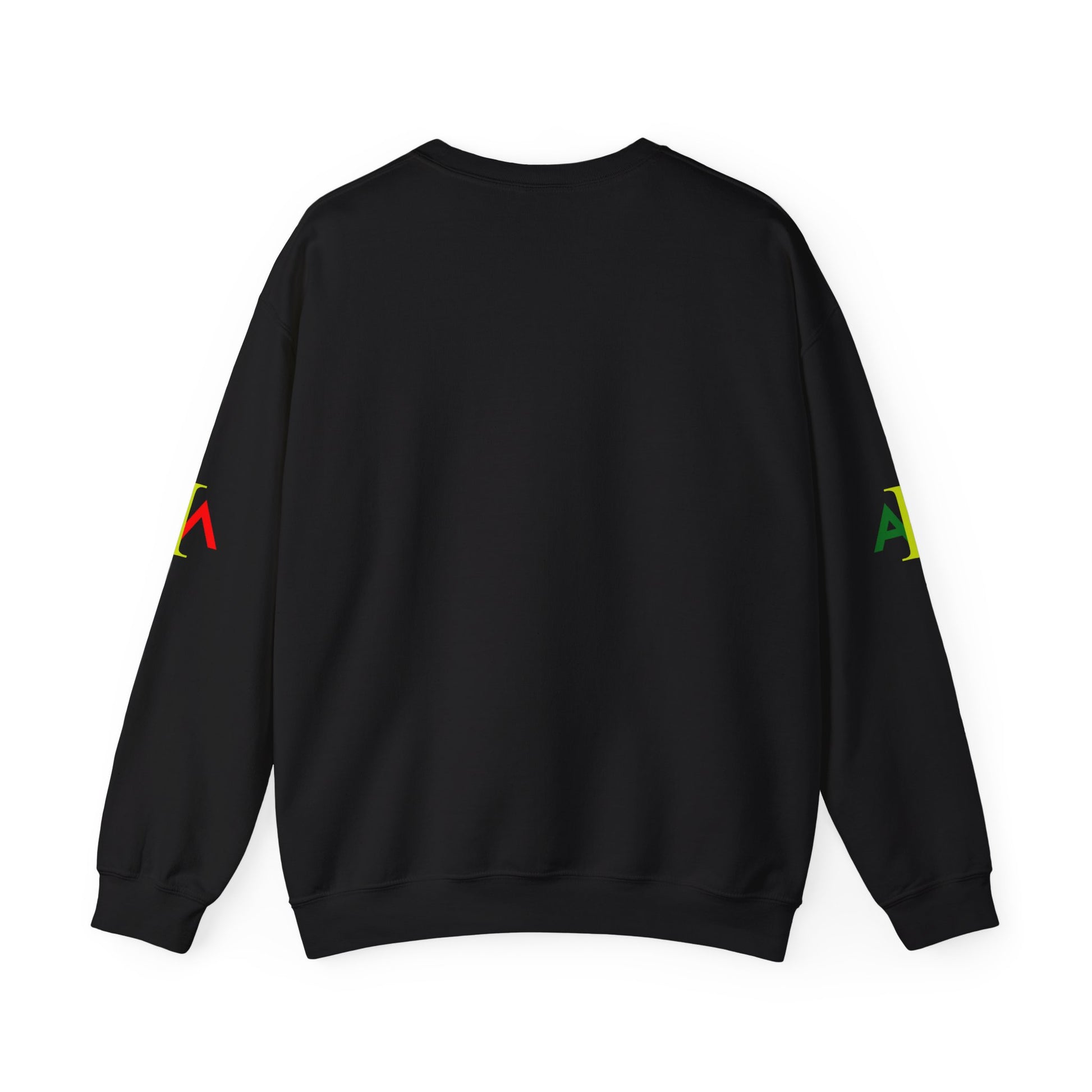 Black sweatshirt with colorful designs on sleeves against a white background