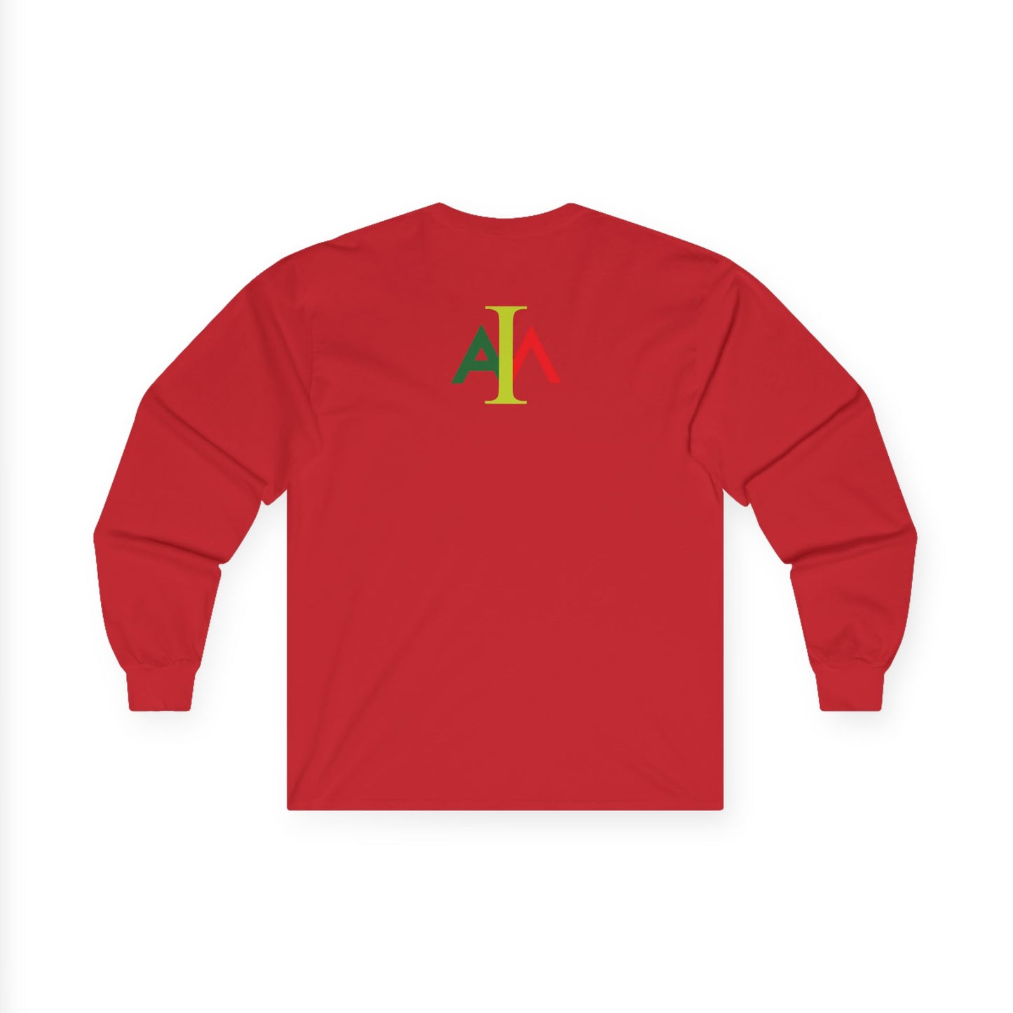 Red long-sleeve shirt with a logo on the back against a white background