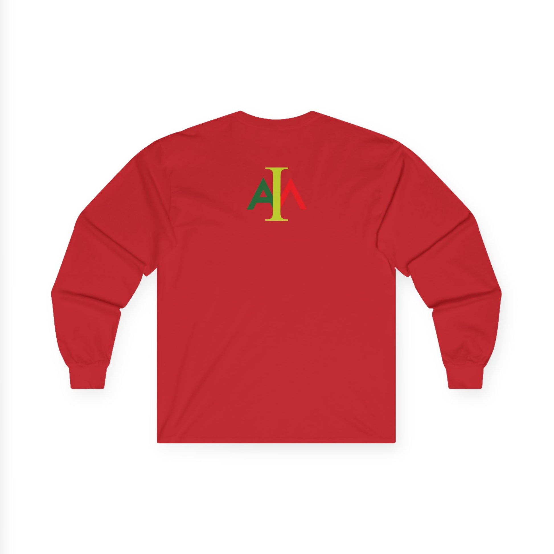 Red long-sleeve shirt with a logo on the back against a white background
