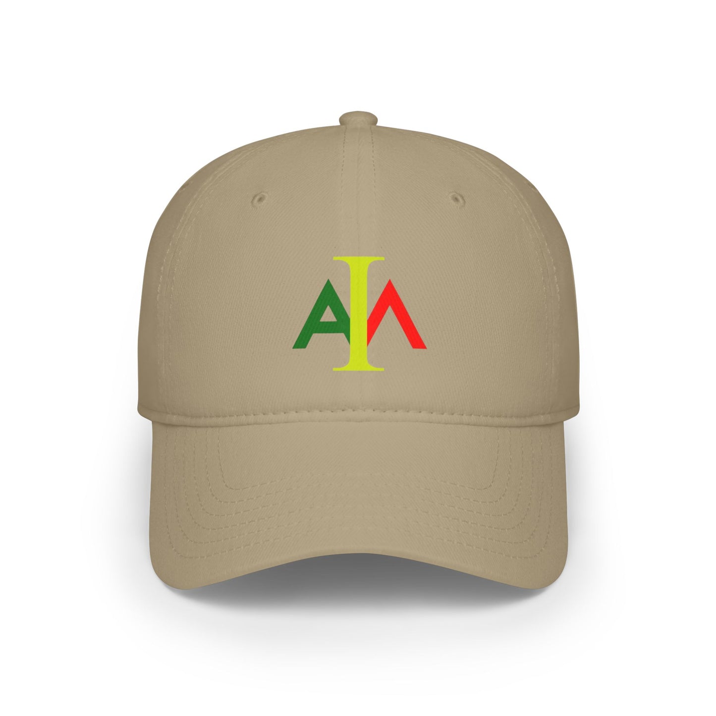 Beige cap with colorful logo on a white background