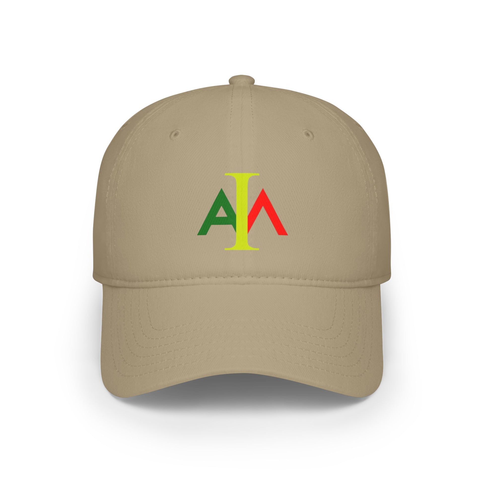 Beige cap with colorful logo on a white background