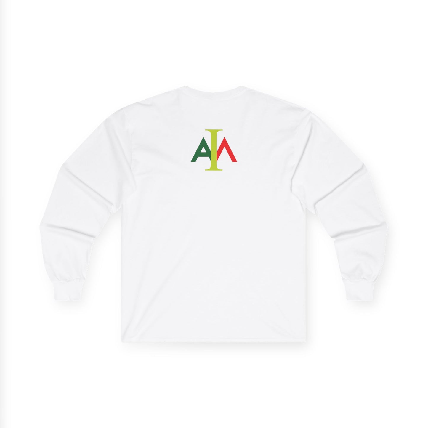 White long-sleeve shirt with colorful logo on the back against a white background
