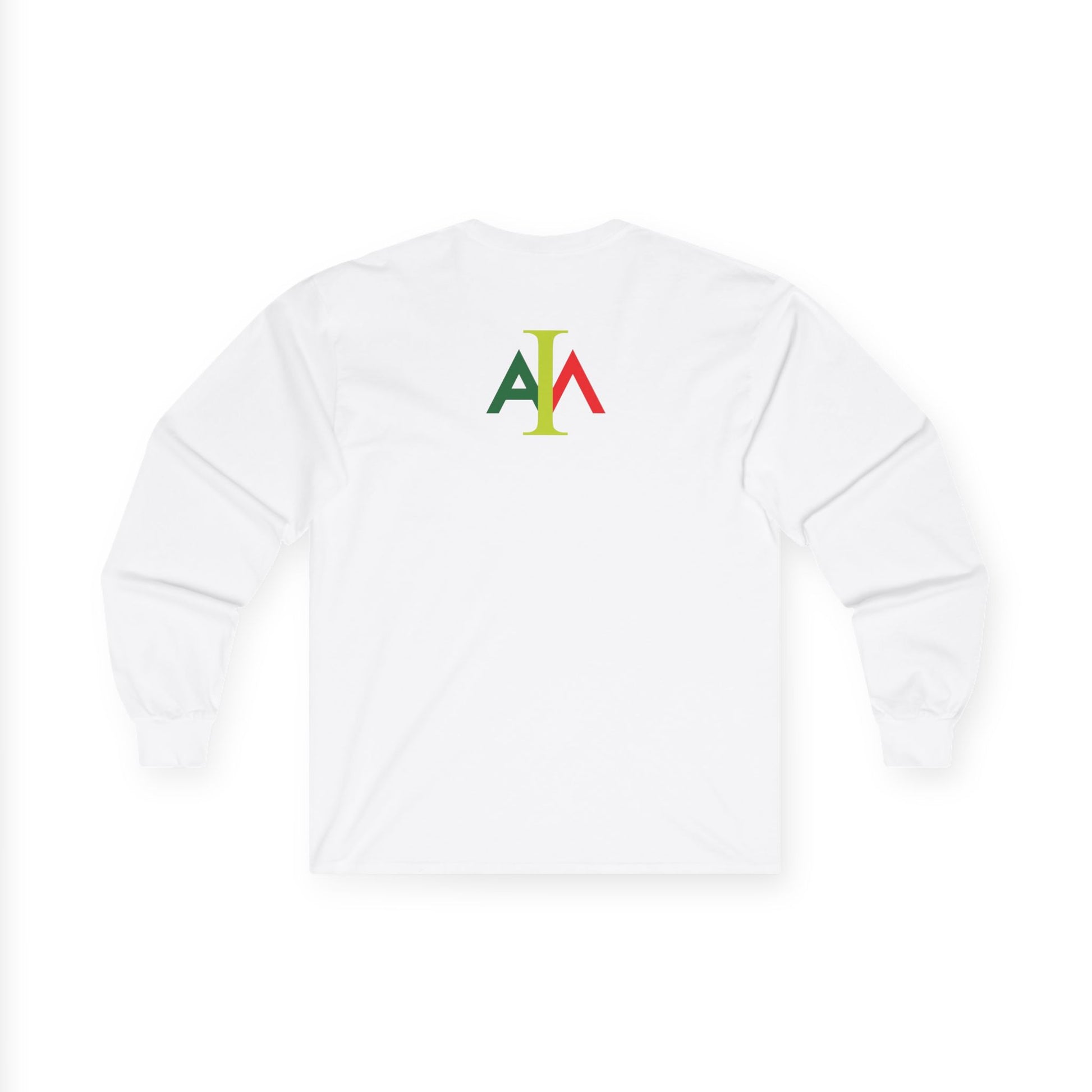 White long-sleeve shirt with colorful logo on the back against a white background