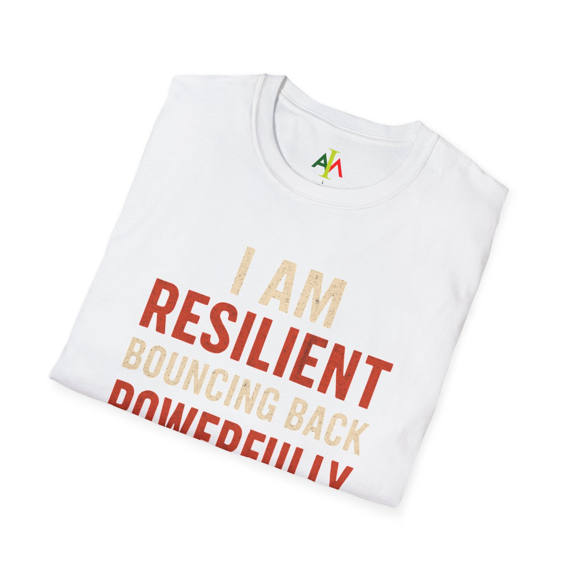 White t-shirt with motivational text and logo on a white background