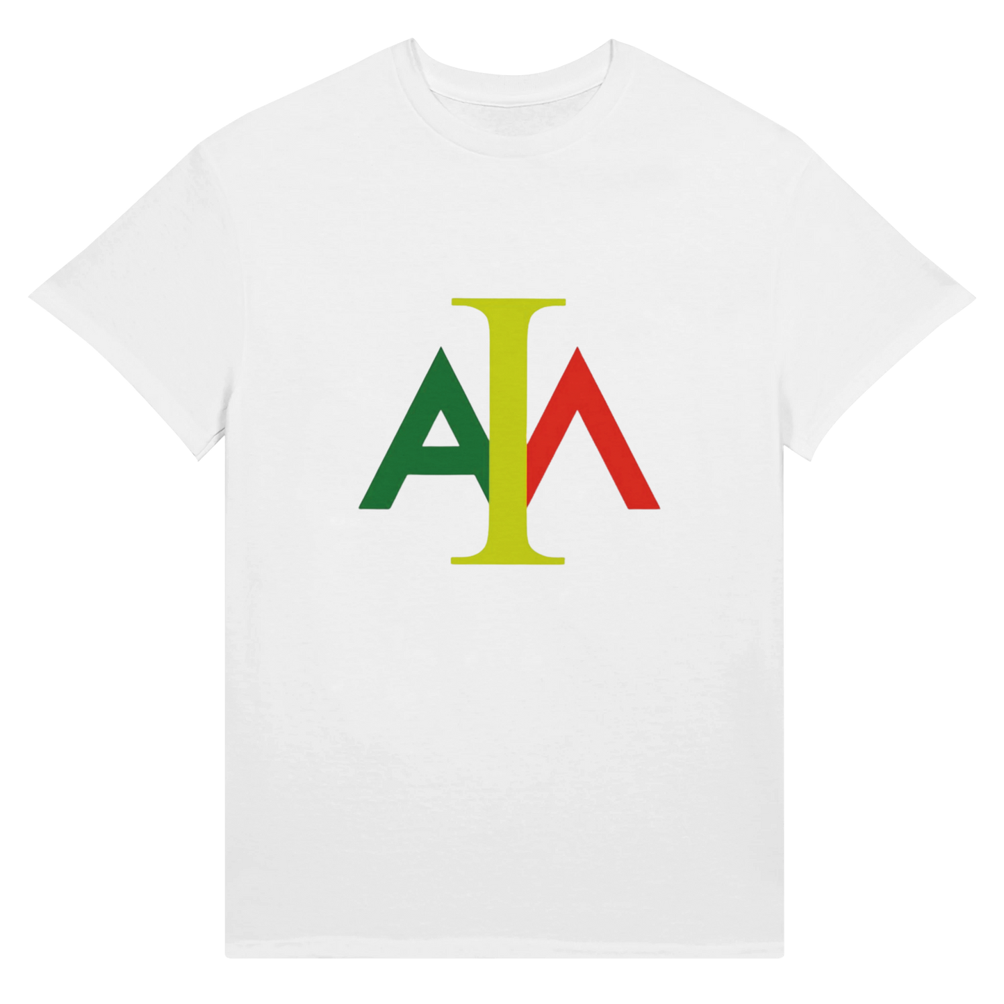 White t-shirt with colorful logo on a white background