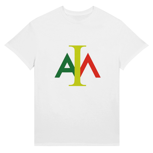 White t-shirt with colorful logo on a white background