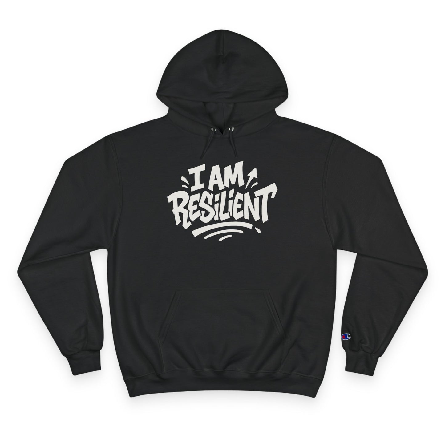 Black hoodie with 'I AM RESILIENT' text on a white background