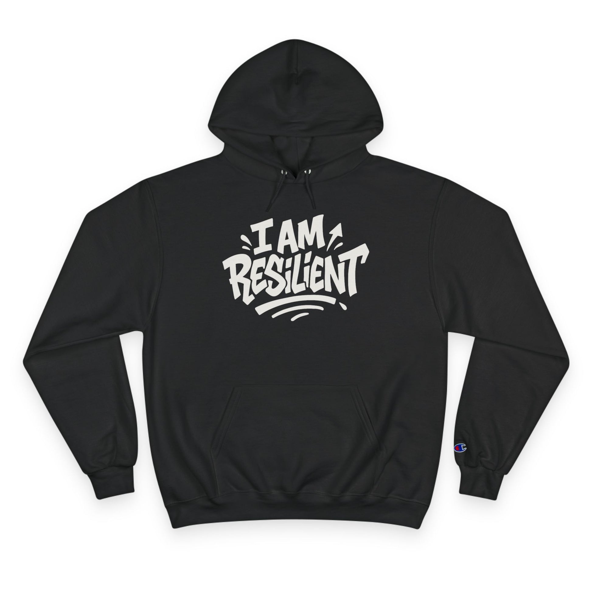 Black hoodie with 'I AM RESILIENT' text on a white background
