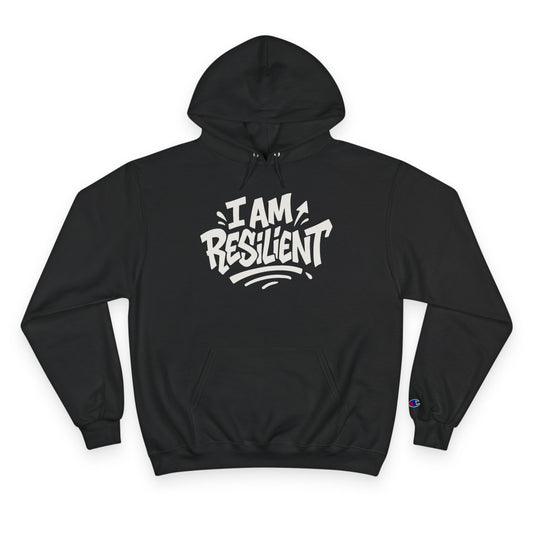 Black hoodie with 'I AM RESILIENT' text on a white background