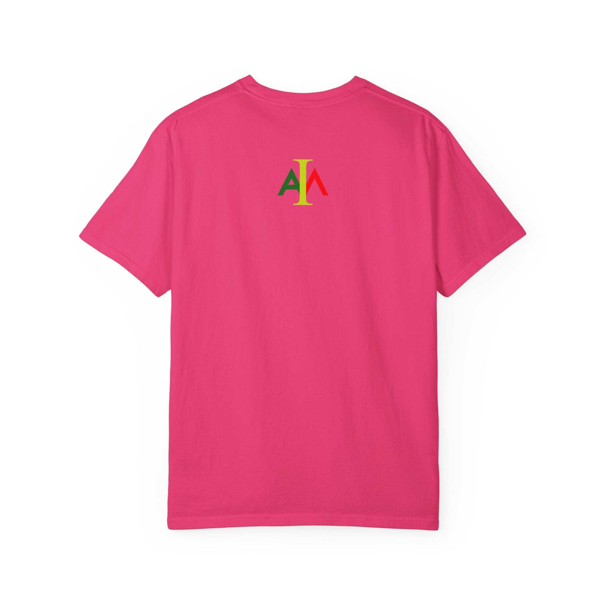 Pink t-shirt with a colorful logo on the back against a white background