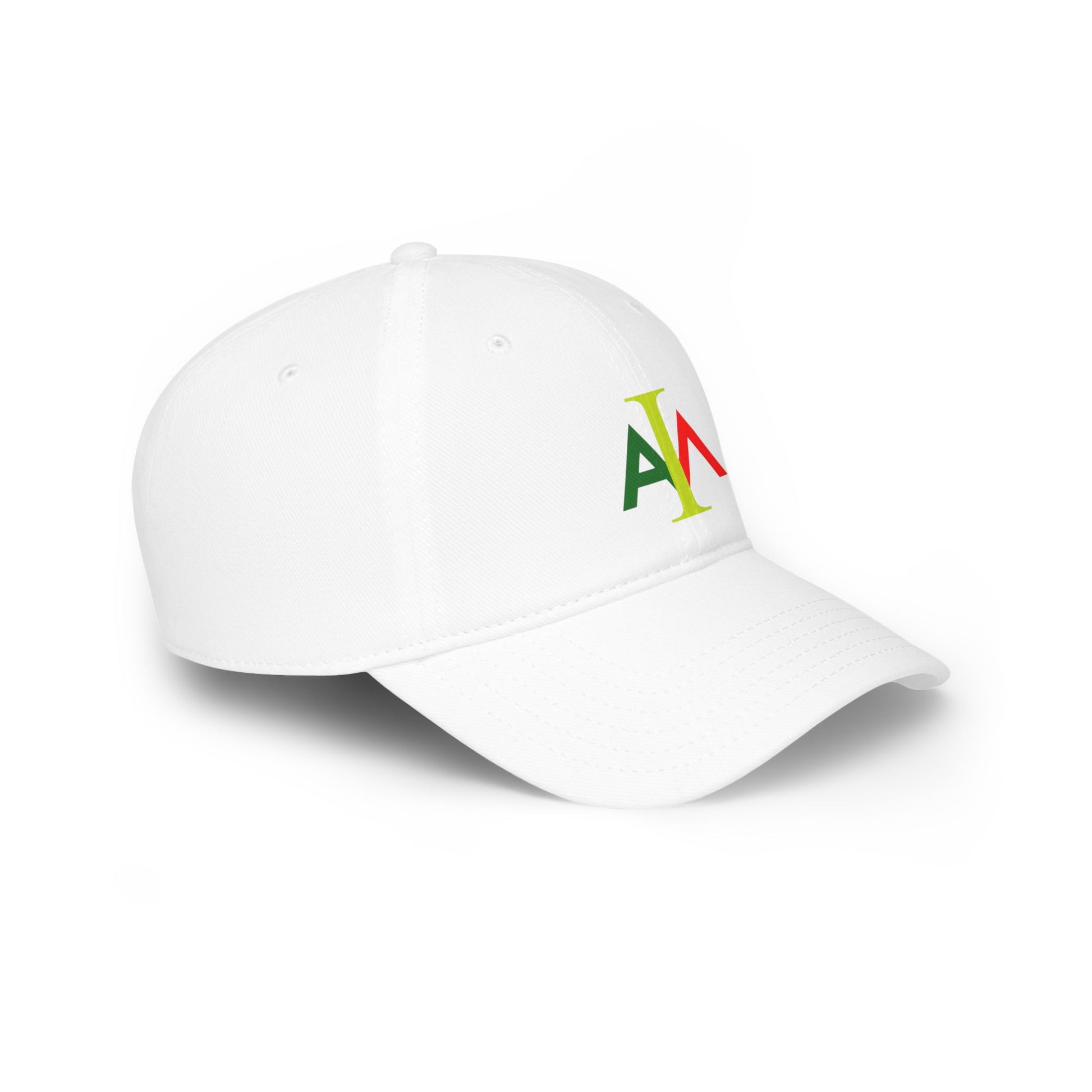 White cap with colorful logo on a white background