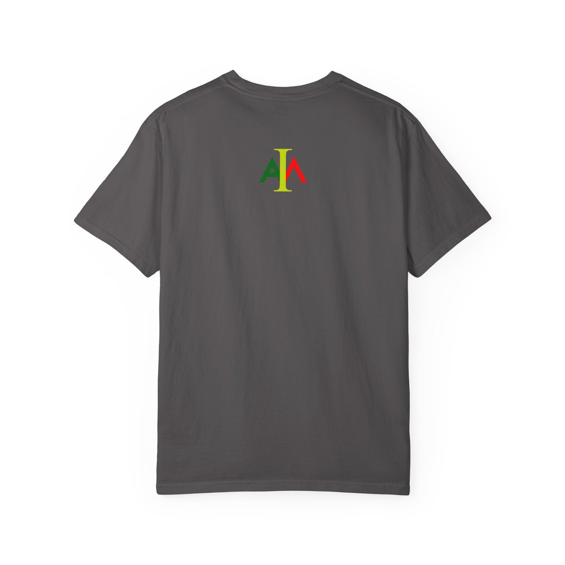 Gray t-shirt with a colorful logo on the back against a white background
