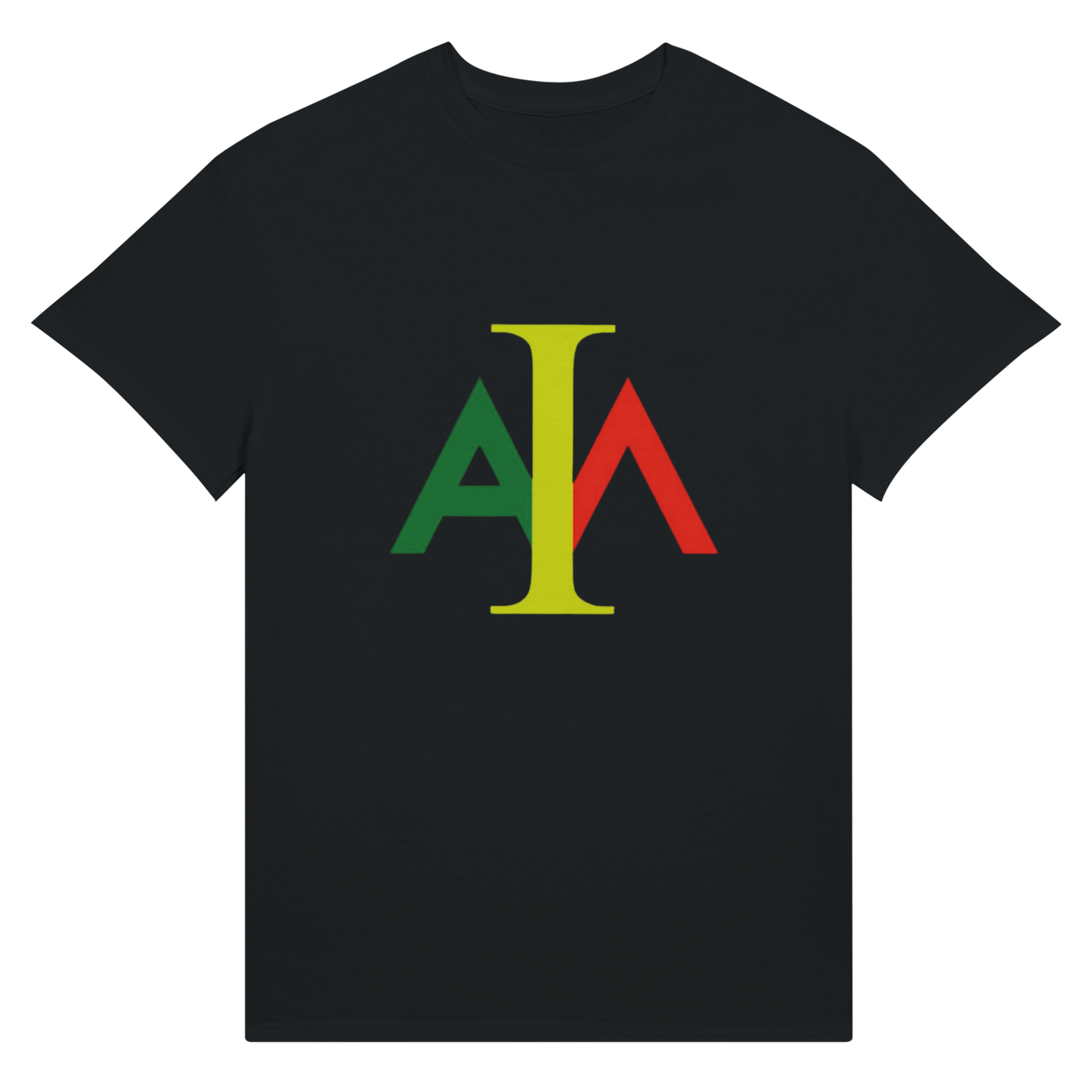 Black t-shirt with colorful logo on a white background