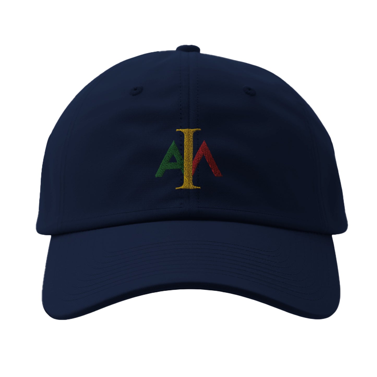 Navy blue cap with colorful logo on a white background