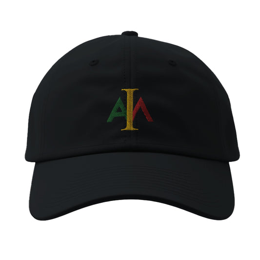 Black cap with colorful logo on a white background