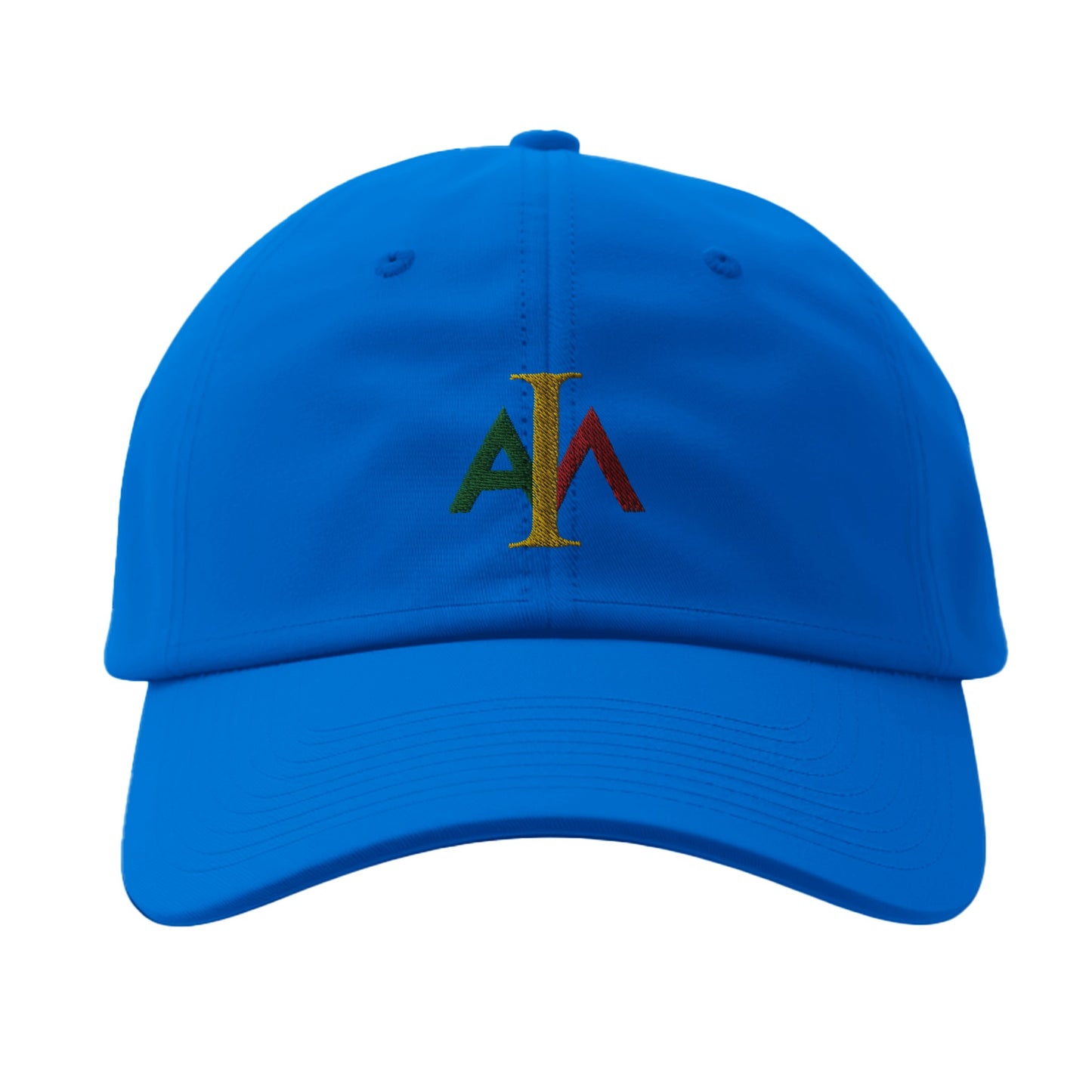 Blue cap with colorful logo on a white background