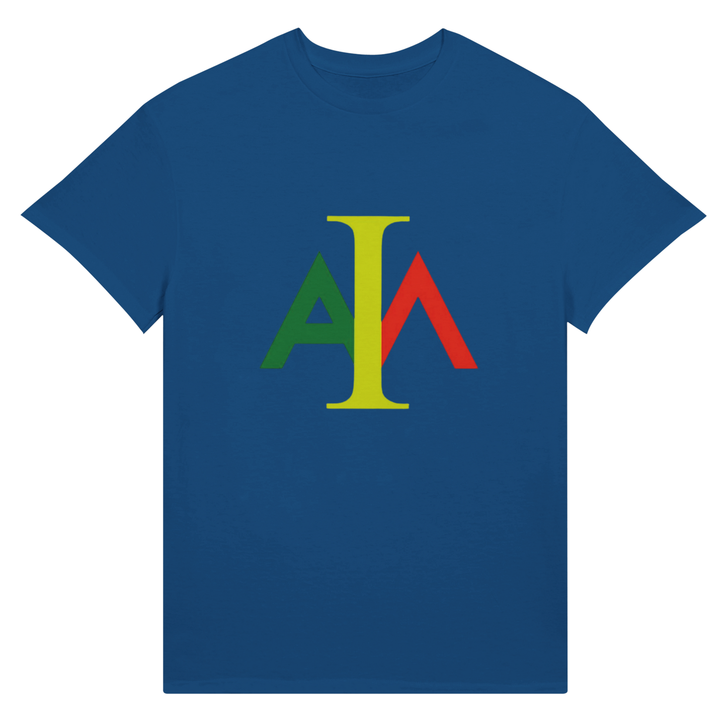 Blue t-shirt with colorful geometric design on a white background