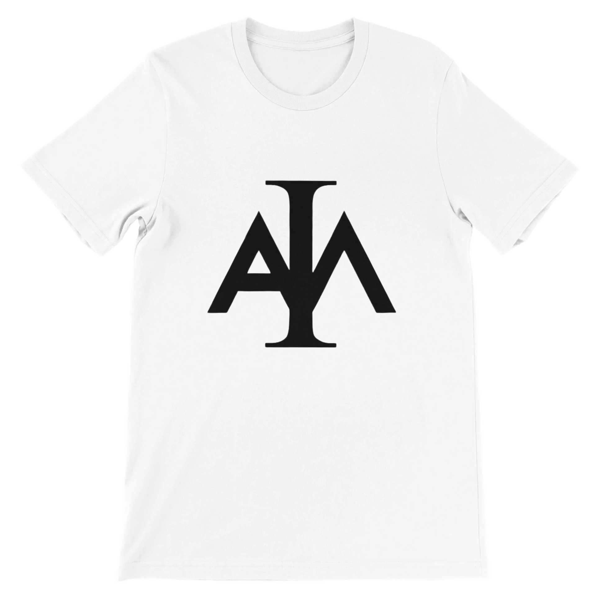 White t-shirt with black logo on a white background