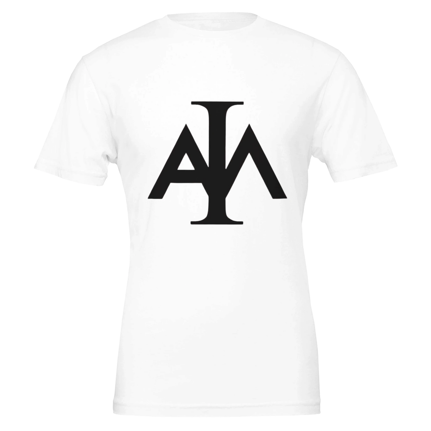 White t-shirt with a black logo on a white background