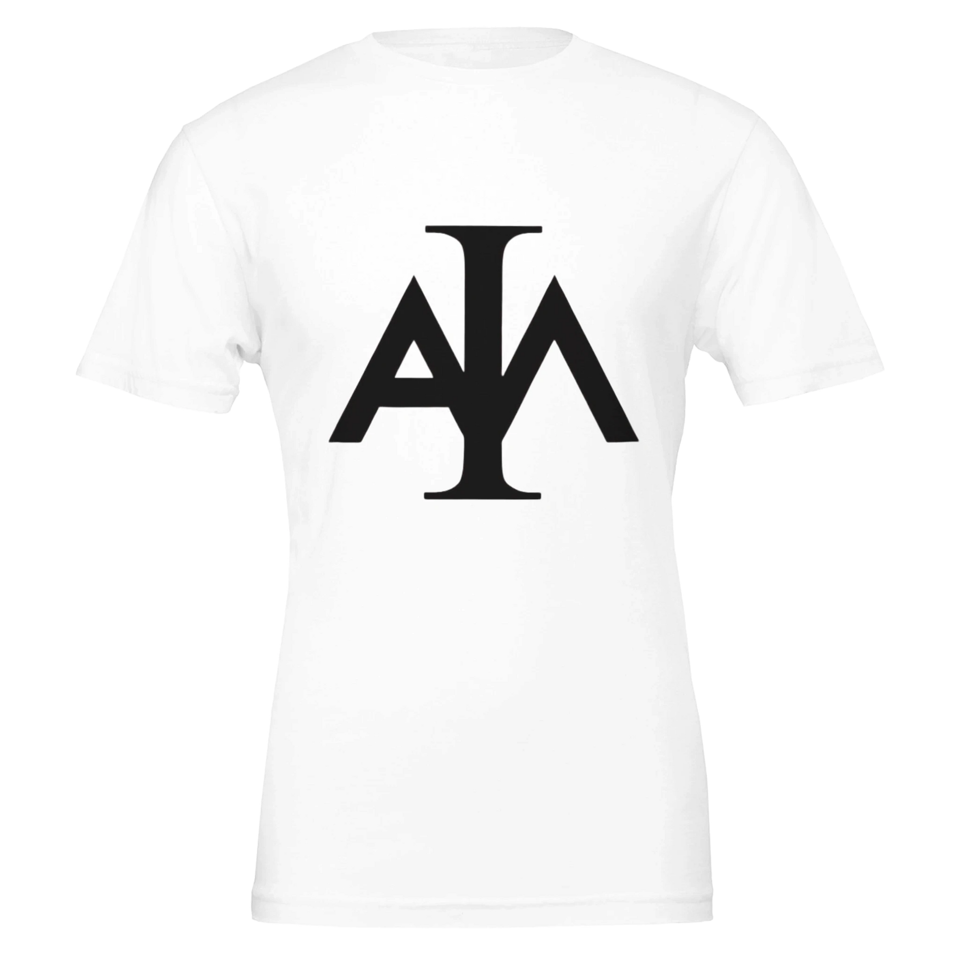 White t-shirt with a black logo on a white background