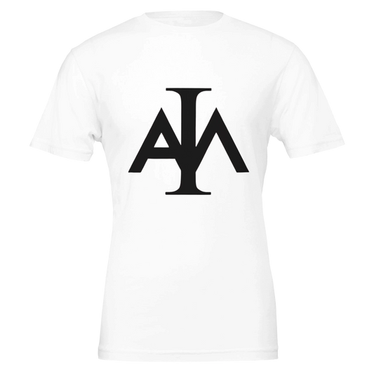 White t-shirt with a black logo on a white background