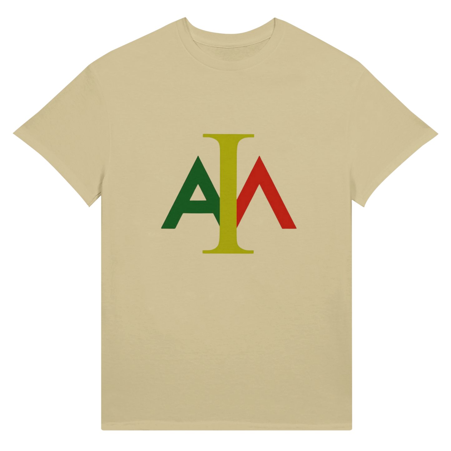 Beige t-shirt with a colorful logo on a white background